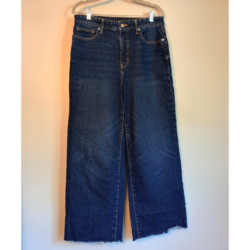 Womens Wide Leg Raw Hem Jeans Dark Wash Denim High Rise Size 10 Boho